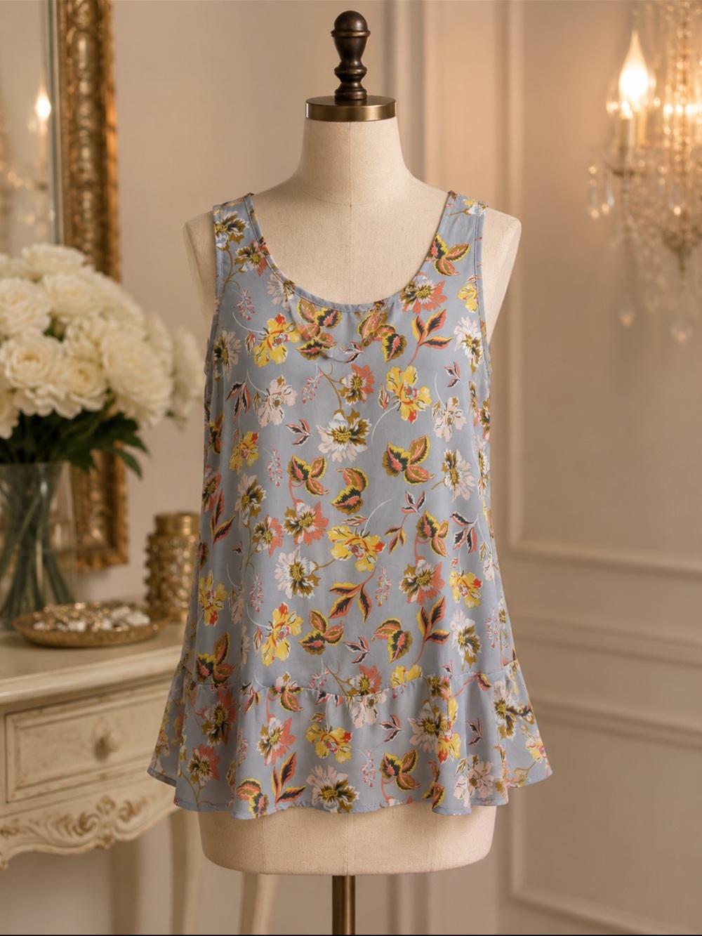 LOFT Blue Floral Ruffle-Hem Tank
